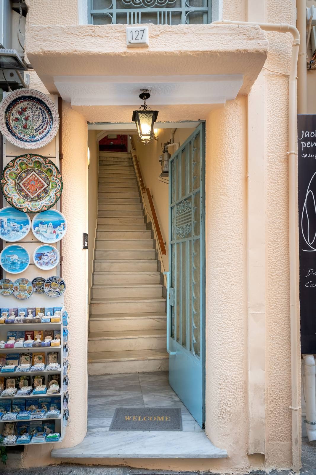 The front door and staircase of the house